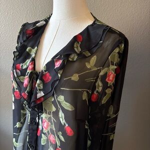 Black Sheer Blouse with Red Rose Print - Date Night Top